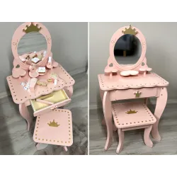 Drevený kozmetický stolík so stoličkou + príslušenstvo