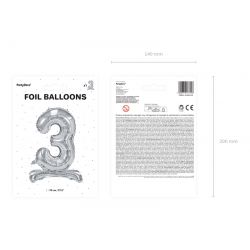 Fóliová balón na podstavci číslo „3“ strieborný, 70cm