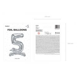 Fóliová balón na podstavci číslo „5“ strieborný, 70cm