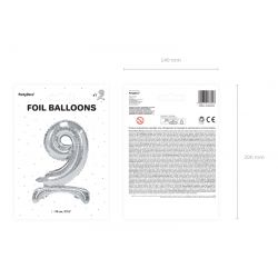 Fóliová balón na podstavci číslo „9“ strieborný, 70cm