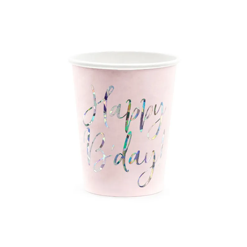 Papierové poháre Happy B-day!, svetloružové 220ml, 6ks